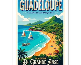 Guadeloupe Grande Anse Deshaies Vintage Poster | French Caribbean Wall Art | Retro Travel Print | Tropical Beach Decor Gift
