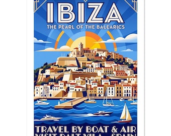 Ibiza The Pearl of the Balearics Vintage Poster | Retro Spain Travel Art | Dalt Vila Wall Decor Print