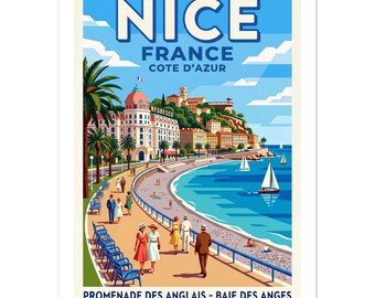 Promenade des Anglais Bel poster vintage / Arte da parete sul mare della Costa Azzurra