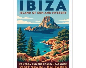 Ibiza Es Vedrà Vintage Travel Poster | Retro Balearic Island Wall Art | Spain Coastal Print | Mediterranean Decor