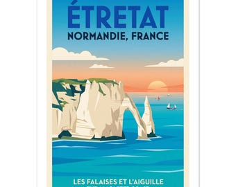 Poster vintage di Etretat Normandie Francia / Stampa artistica sulla scogliera sul mare