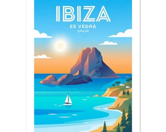 Ibiza Es Vedrà Vintage Poster | Spain Travel Art Print | Mediterranean Seaside Decor | Sunset Island Wall Art