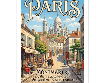 Paris Montmartre Vintage Travel Poster | Sacré-Cœur French Art Print | Retro Parisian Decor Gift