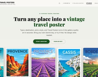 Travel Posters | AI Vintage Travel Poster Generator App | Make Your Own Retro Travel Poster | Bring Your Own Key | Digital Download Software