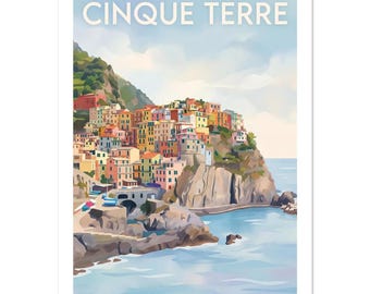 Cinque Terre Italy Vintage Poster | Colorful Seaside Village Wall Art | Retro Italian Travel Print | Coastal Home Decor