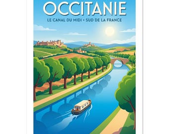 Occitanie Canal du Midi Poster | French Countryside Wall Art | Retro Travel Print | South of France Decor