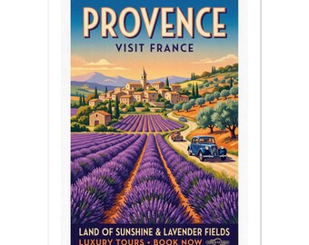 Poster digitale vintage "Campi di lavanda della Provenza" / Arte della campagna francese