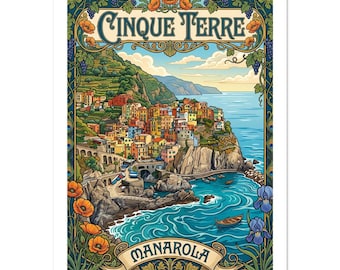 Cinque Terre Manarola Art Nouveau Poster | Vintage Italian Riviera Wall Art | Retro Travel Print | Coastal Decor