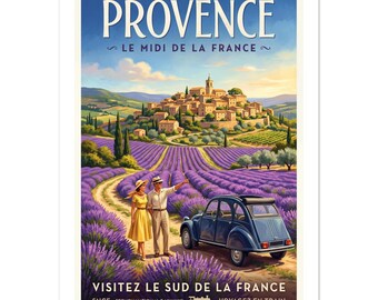 Poster digitale vintage "Campi di lavanda della Provenza" / Arte della campagna francese