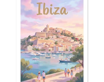 Ibiza Old Town Pastel Sunset Poster | Balearic Islands Wall Art | Dreamy Mediterranean Travel Print | Seaside Decor