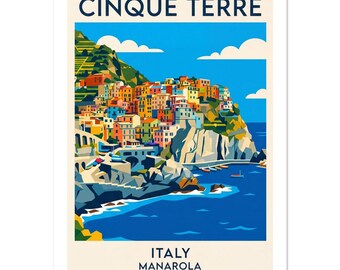 Cinque Terre Italy Manarola Vintage Poster | Colorful Italian Riviera Art | Retro Seaside Travel Print Gift