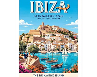 Ibiza Dalt Vila Vintage Travel Poster | Balearic Islands Wall Art | Retro Spain Print | Mediterranean Decor