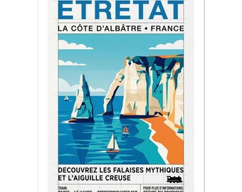 Poster vintage della costa francese di Etretat / Stampa artistica di viaggio su carta opaca