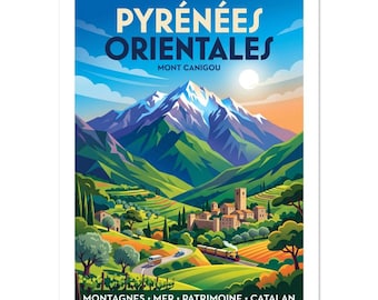 Pyrénées Orientales Vintage Poster | Mont Canigou Travel Art | Retro French Landscape Print | Mountain & Sea Decor