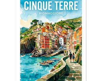 Cinque Terre Riomaggiore Watercolor Poster | Italian Coast Wall Art | Colorful Travel Print | Seaside Home Decor