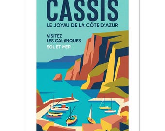 Poster vintage di Cassis sulla Costa Azzurra / Stampa artistica di viaggio costiera / Decorazione per la casa in stile mediterraneo (carta opaca)