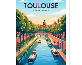 Toulouse Canal du Midi Vintage Poster | French Cityscape Wall Art | Retro Travel Print | South France Decor Gift
