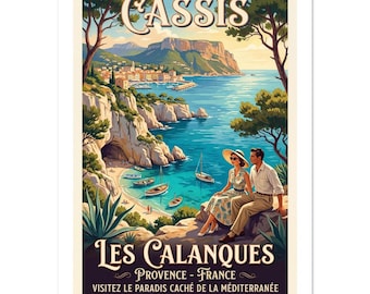 Poster di viaggio vintage delle Calanques de Cassis / Stampa artistica della Costa Azzurra / Decorazione costiera mediterranea