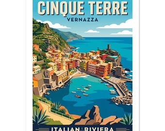 Cinque Terre Vernazza Vintage Poster | Italian Riviera Wall Art | Retro Travel Print | Mediterranean Decor Gift
