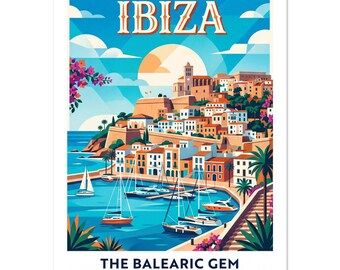 Ibiza The Balearic Gem Vintage Poster | Dalt Vila & Harbor Travel Print | Spain Retro Wall Art | Mediterranean Decor