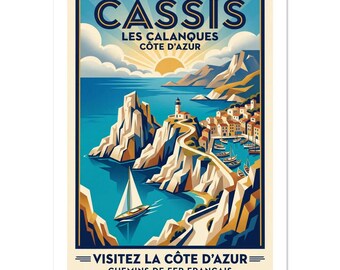 Poster vintage di Cassis Calanques / Stampa artistica della Riviera francese di metà secolo / Decorazione da viaggio a tema costiero