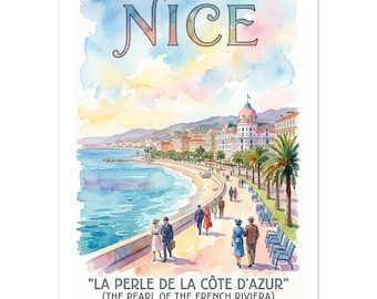 Stampa ad acquerello della Promenade des Anglais di Nizza / Quadro da parete con vista sul mare della Costa Azzurra