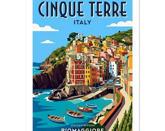 Cinque Terre Riomaggiore Italy Vintage Poster | Italian Riviera Wall Art | Colorful Coastal Decor Print