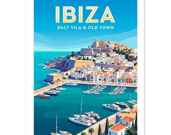 Ibiza Dalt Vila & Old Town Travel Poster | Balearic Islands Wall Art | Retro Mediterranean Print | Coastal Decor Gift