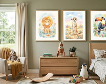 Illustrazioni di animali ad acquerello per la cameretta dei bambini / Set di 3 download digitali / Decorazioni per la cameretta e la stanza dei bambini