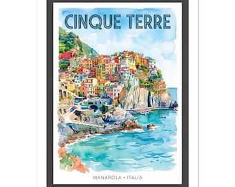 Cinque Terre Manarola Watercolor Print | Italian Riviera Wall Art | Vibrant Coastal Decor Poster