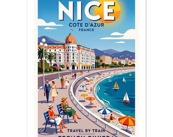 Poster vintage della Bella Promenade des Anglais / Stampa artistica di viaggio della Costa Azzurra
