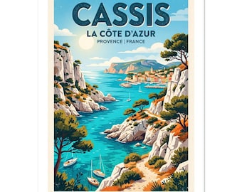 Stampa artistica Calanques de Cassis / Poster di viaggio vintage della Costa Azzurra / Arredamento per la casa costiera