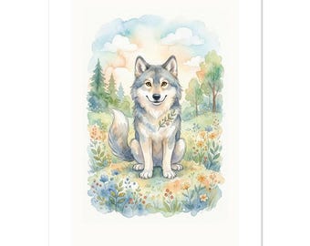 Incantevole poster con lupo ad acquerello / Simpatica illustrazione di animale del bosco