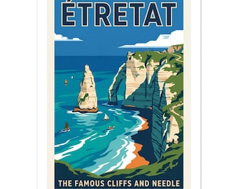 Poster vintage di Étretat / Stampa artistica di viaggio con scogliere costiere francesi