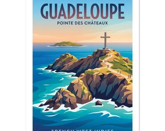 Guadeloupe Pointe des Châteaux Vintage Poster | French West Indies Travel Art | Retro Caribbean Print | Coastal Decor