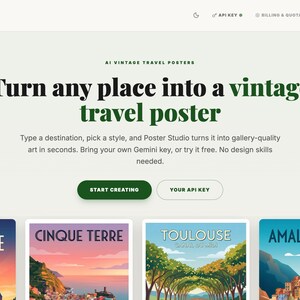 Poster Studio | AI Vintage Travel Poster Generator App | Make Your Own Retro Travel Posters | Bring Your Own Key | Digital Download Software