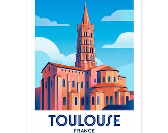 Toulouse La Ville Rose Travel Poster | French Cityscape Wall Art | Retro Pink City Print | France Decor Gift