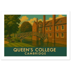 Vintage Queen&#39;s College Cambridge Poster – Cambridge Art Print | Retro University Wall Art | A1 A2 A3 Sizes | Made to Order