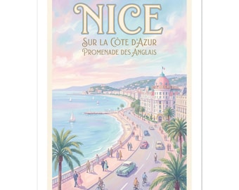 Poster vintage della bella Promenade des Anglais / arte da parete sul mare della Costa Azzurra