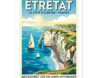 Poster vintage di Étretat / Stampa artistica della costa francese / Decorazione da viaggio in Normandia / Carta opaca di qualità museale