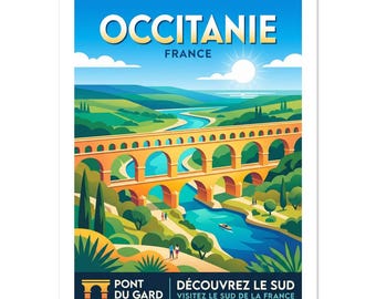 Occitanie France Pont du Gard Vintage Poster | French Travel Wall Art | Retro South of France Print | Landscape Decor Gift