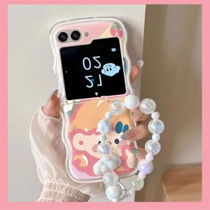Coque de téléphone Samsung personnalisée super mignonne dessin animé rose avec dragonne - Coque Samsung Z Flip 6, Coque ZFlip 5 mignonne, Coque ZFlip 4, Zflip 3
