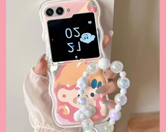 Custom super schattig cartoon roze meisje ontwerp Samsung-telefoonhoesje met riem - Samsung Z Flip 6-hoesje, schattig ZFlip 5-hoesje, ZFlip 4-hoesje, Zflip 3