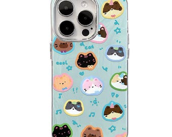 May include: A clear phone case with a light blue background and a pattern of colorful cartoon cats and dogs. The case has a cutout for the camera lens and a raised lip around the edges to protect the screen.