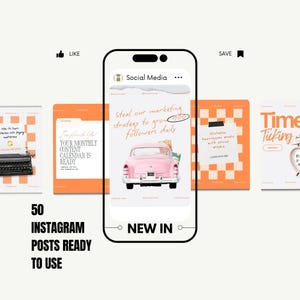 May include: A digital marketing graphic with the text "50 Instagram Posts Ready to Use." The image features a smartphone displaying a social media post with a pink vintage car illustration. Other graphics include a typewriter and a clock.