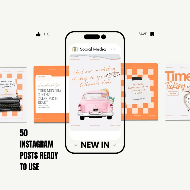 May include: A digital marketing graphic with the text "50 Instagram Posts Ready to Use." The image features a smartphone displaying a social media post with a pink vintage car illustration. Other graphics include a typewriter and a clock.