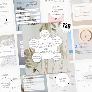 Può includere: Un set di modelli grafici digitali con molteplici design per post sui social media, con testi sovrapposti su cura di sé, gratitudine e salute mentale. Il quadrato centrale mostra un diagramma sull'amare se stessi dopo una relazione tossica.