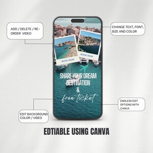 May include: A mobile phone screen mockup with a travel-themed design. The design features two photos of a coastal city with the text "Book Now" on each photo. The text "Share Your Dream Destination & free ticket" is displayed below the photos. The design is editable using Canva.
