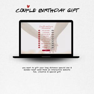以下が含まれることがあります： カップル向けの誕生日プレゼント用インタラクティブウェブサイトを表示した黒いノートパソコン。画面には「Guess the correct answer」というタイトルのゲームが表示されており、赤い唇と黒い口ひげのアイコンが、関係性に関する様々な質問の横に並んでいます。