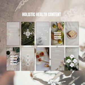 May include: A collection of ten images with a holistic health theme. The images feature text and graphics on a light grey background, with elements like leaves, figs, and food. The text includes phrases like "Holistic Health Content" and "Restoration & Strength".